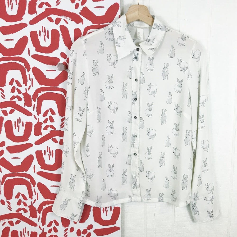 H&M Whimsical Bunny Long-Sleeve Sheer Blouse